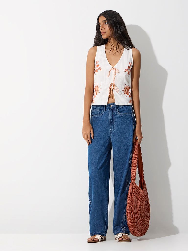 Bombay Paisley Off-White Floral Embroidered Cotton Top