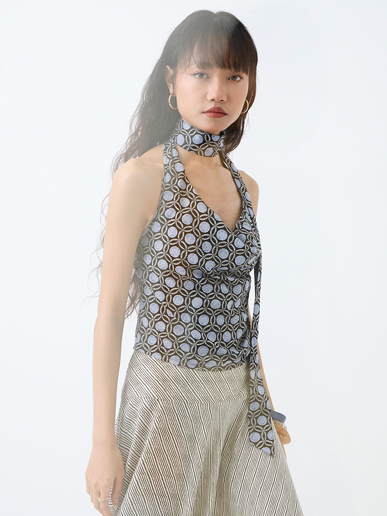 Bombay Paisley Black Floral Printed Scarf-Detail Top