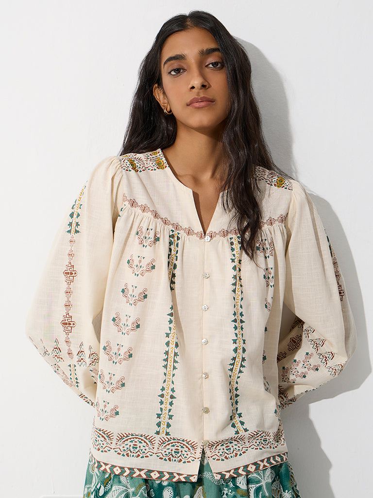 Bombay Paisley Off-White Printed Cotton Blouse
