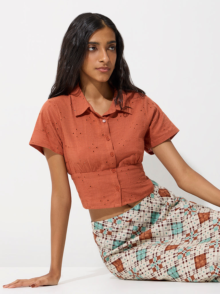Bombay Paisley Rust Schiffli Embroidered Cotton Top