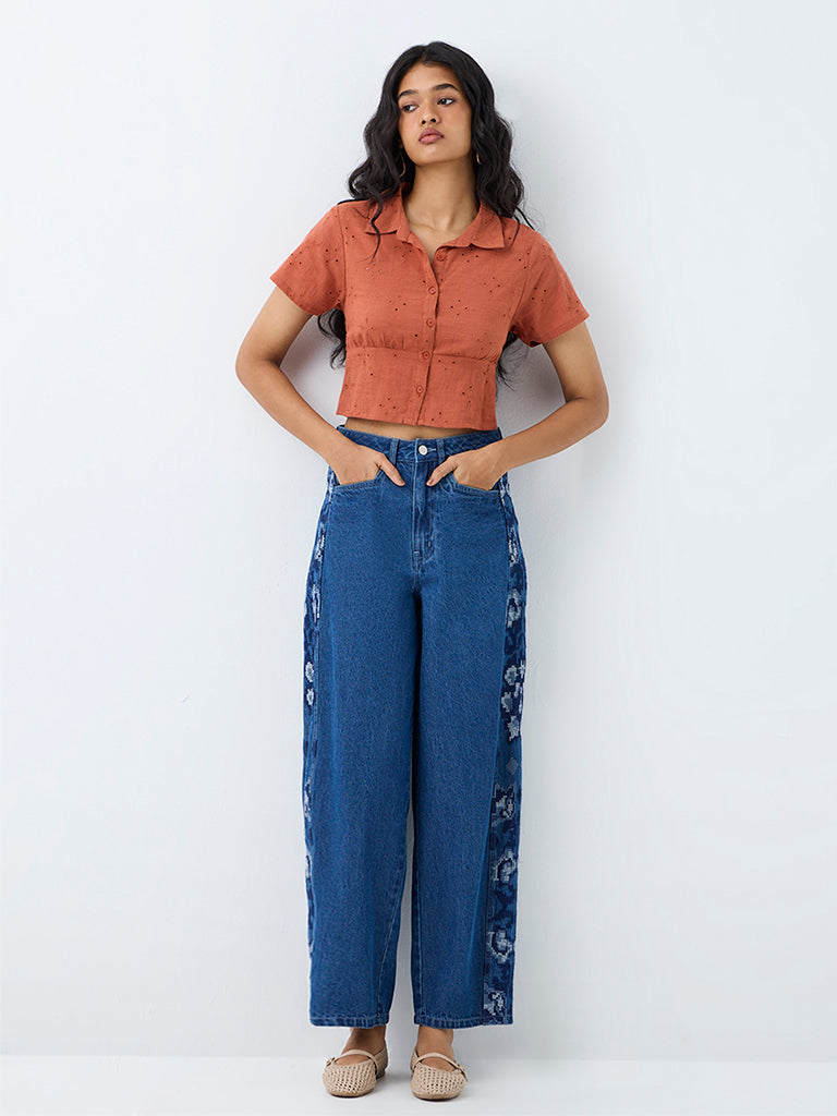 Bombay Paisley Rust Schiffli Embroidered Cotton Top