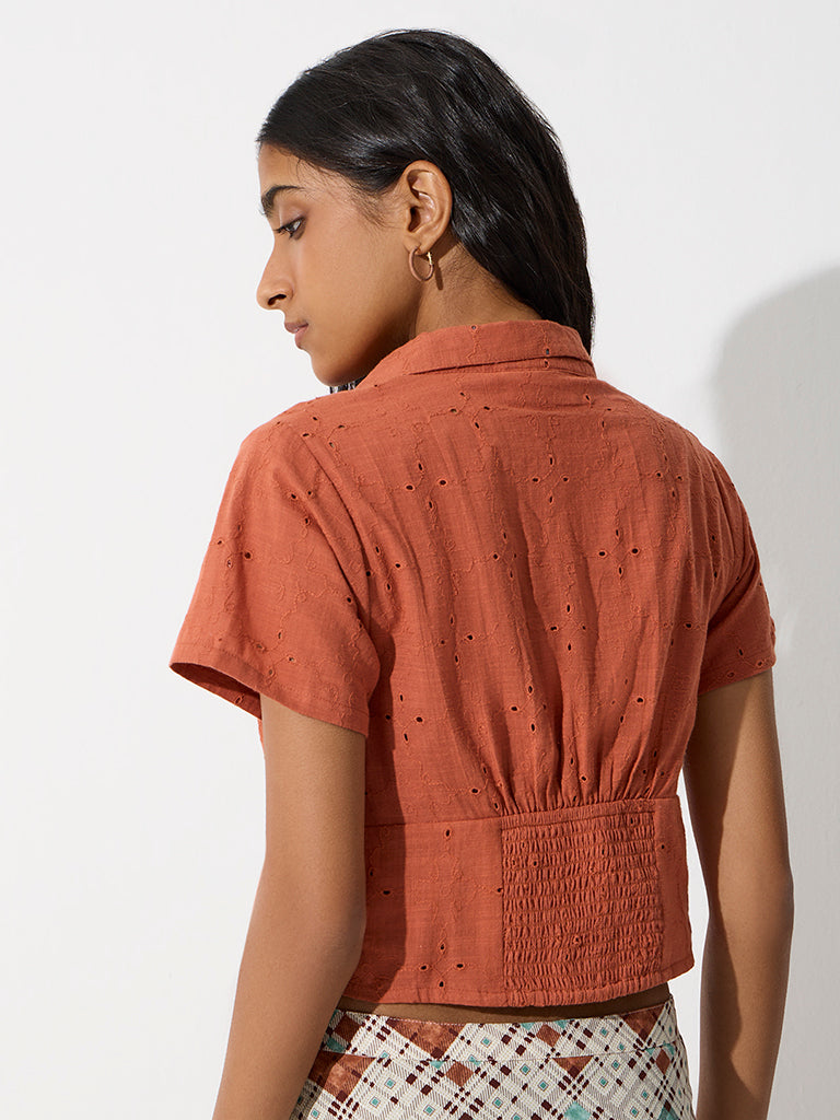 Bombay Paisley Rust Schiffli Embroidered Cotton Top