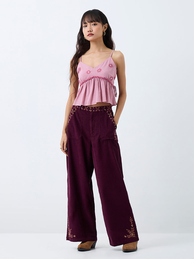 Bombay Paisley Plum Embroidered Corduroy High-Rise Pants