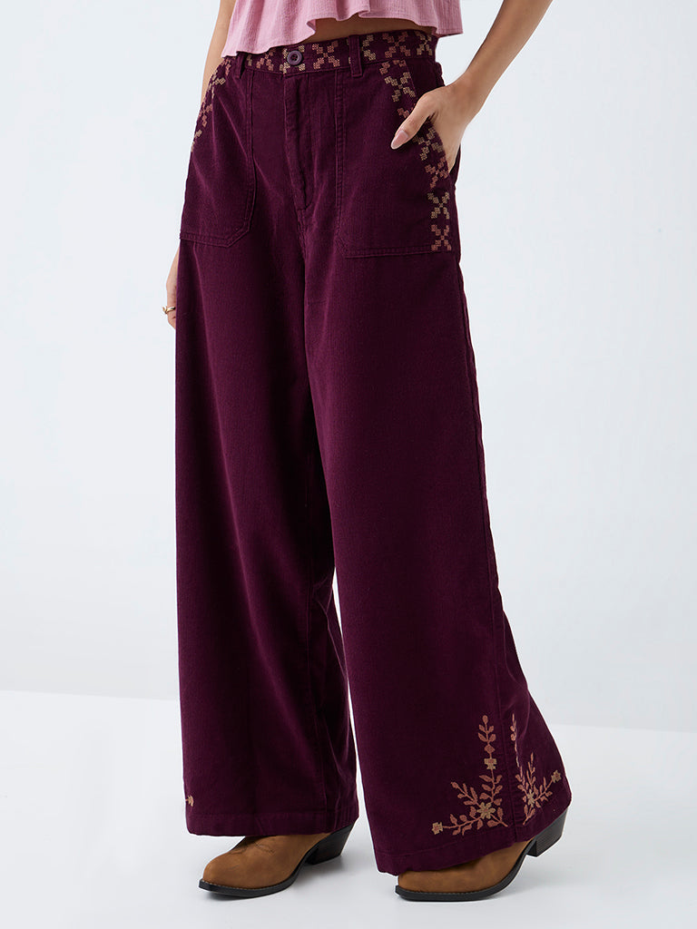 Bombay Paisley Plum Embroidered Corduroy High-Rise Pants