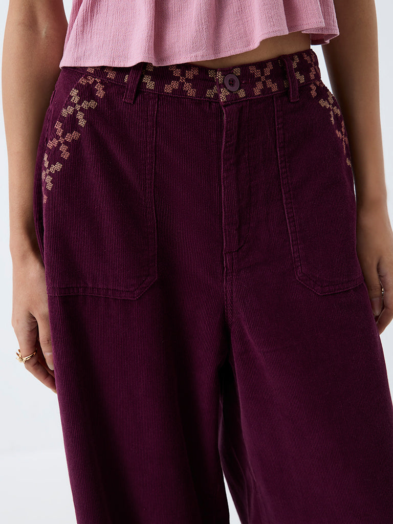 Bombay Paisley Plum Embroidered Corduroy High-Rise Pants