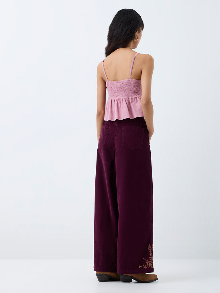 Bombay Paisley Plum Embroidered Corduroy High-Rise Pants