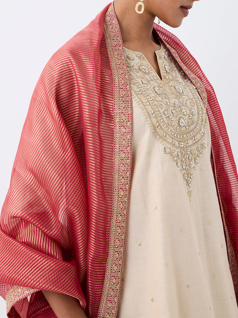 Vark Light Beige Floral Embellished A-Line Ethnic Set
