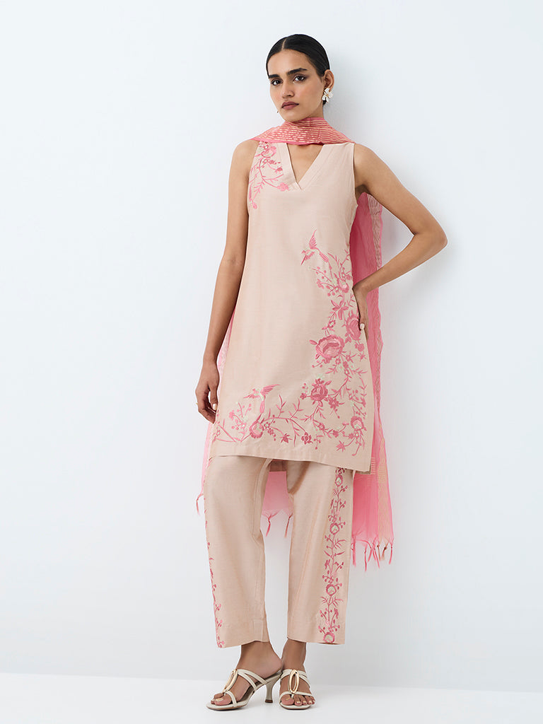 Vark Pink Floral Embroidered A-Line Ethnic Set