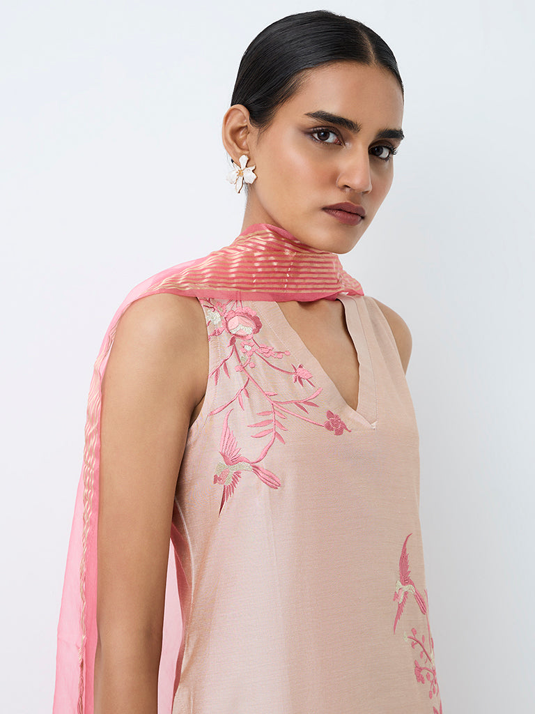 Vark Pink Floral Embroidered A-Line Ethnic Set