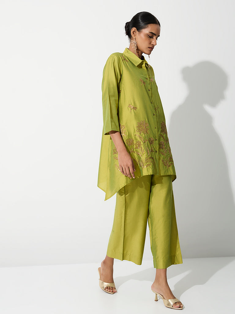 Vark Lime Green Floral Embroidered Ethnic Set