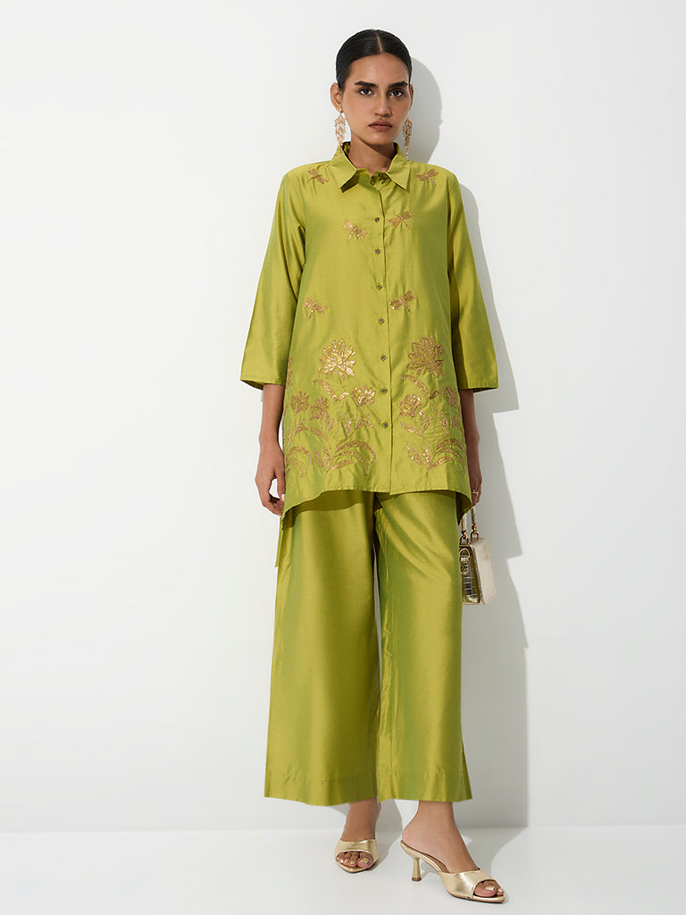Vark Lime Green Floral Embroidered Ethnic Set