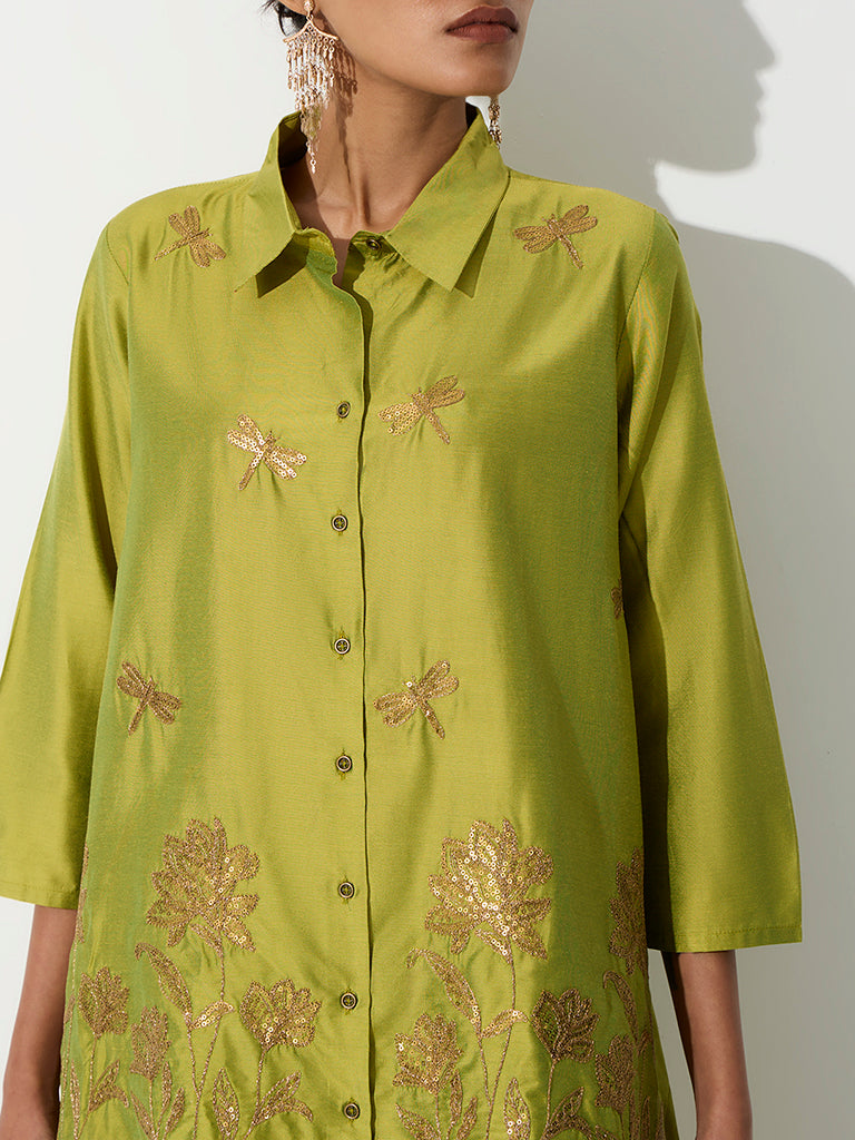 Vark Lime Green Floral Embroidered Ethnic Set