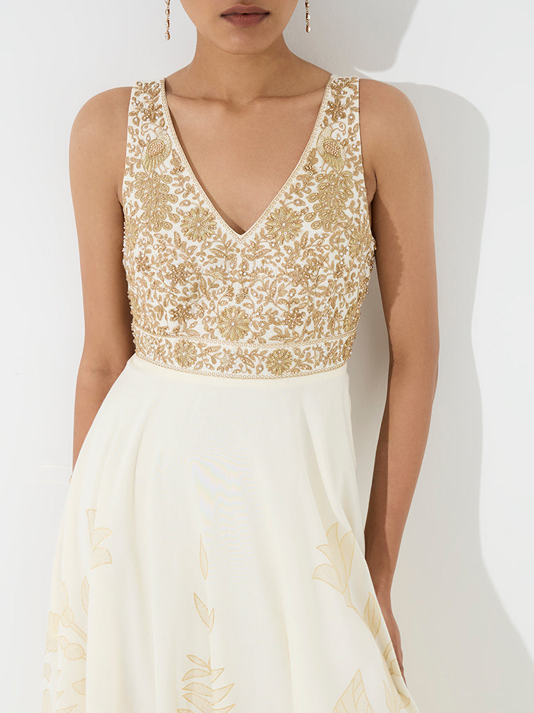 Vark Off-White Floral Embroidered Fit-and-Flare Maxi Dress