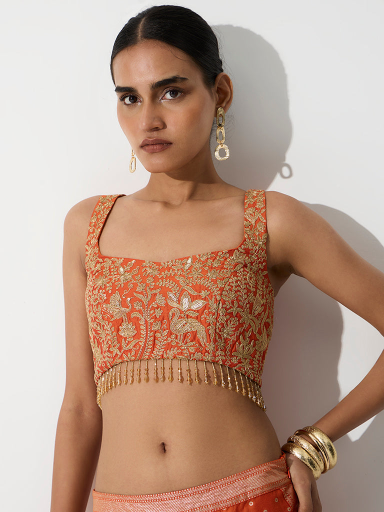 Vark Orange Nature-Inspired Fringe-Detail Top