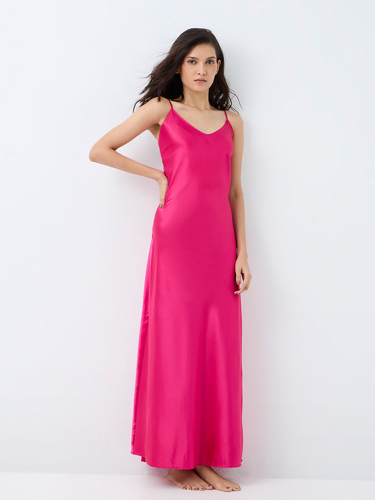 Wunderlove Magenta Solid Satin Slip Dress