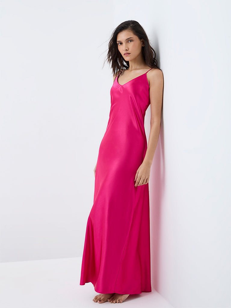 Wunderlove Magenta Solid Satin Slip Dress