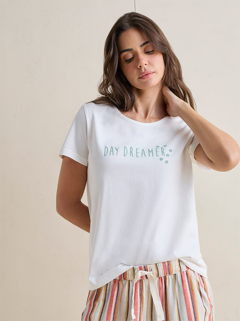 Wunderlove Off-White Text-Printed Cotton T-Shirt