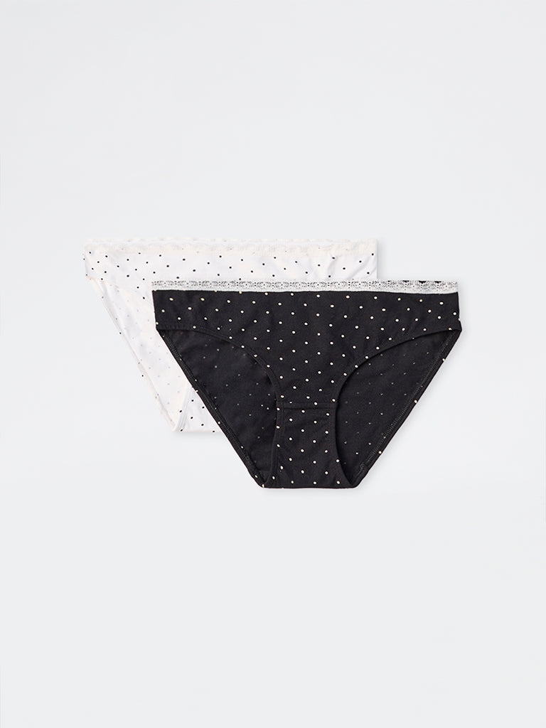 Superstar Black Polka Dot Printed Cotton-Blend Bikini Briefs - Pack of 2