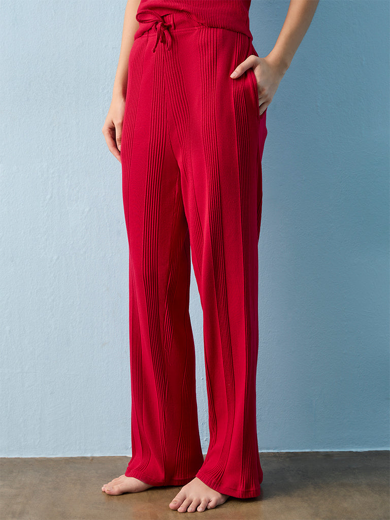 Superstar Red Ribbed-Textured High-Rise Cotton-Blend Pants