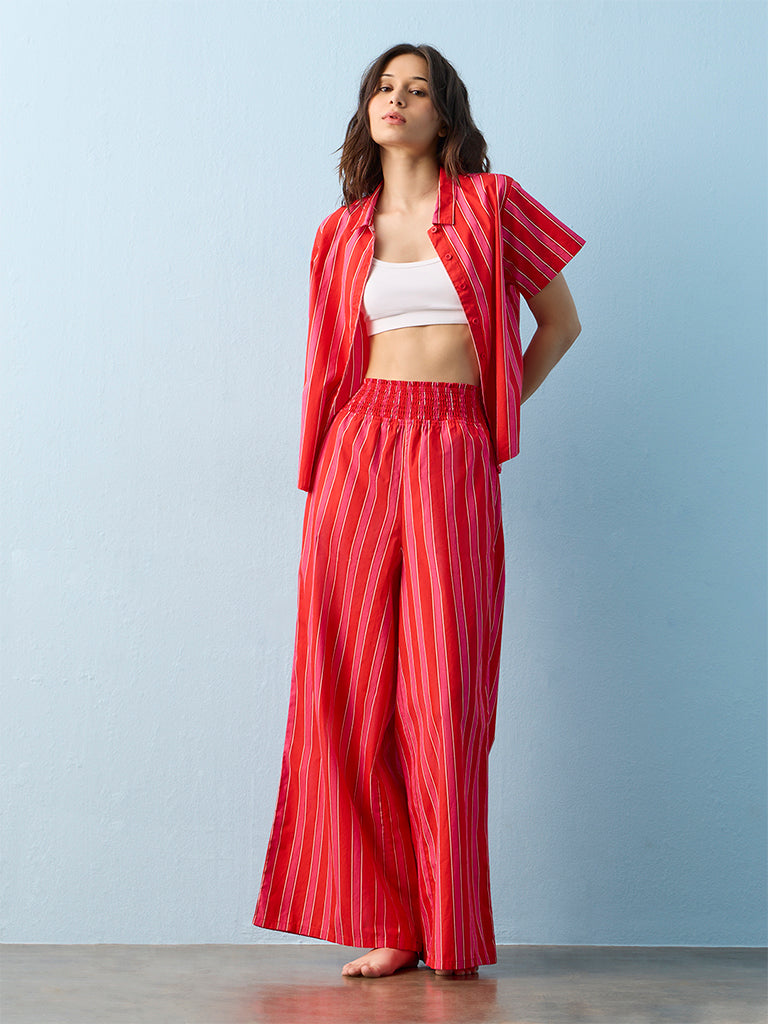 Superstar Swimwear Coral Striped High-Rise Cotton Beach Pants