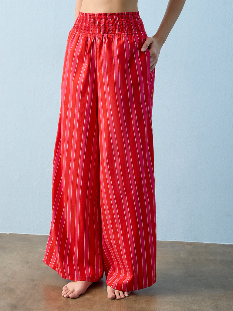 Superstar Swimwear Coral Striped High-Rise Cotton Beach Pants