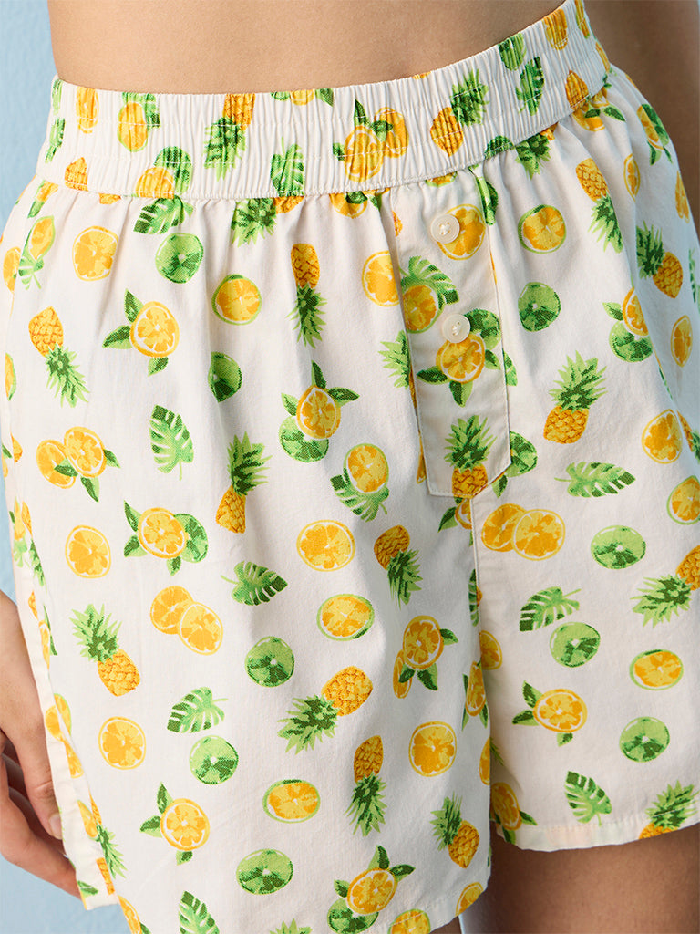Superstar Swimwear White Fruit Printed High-Rise Cotton Beach Shorts