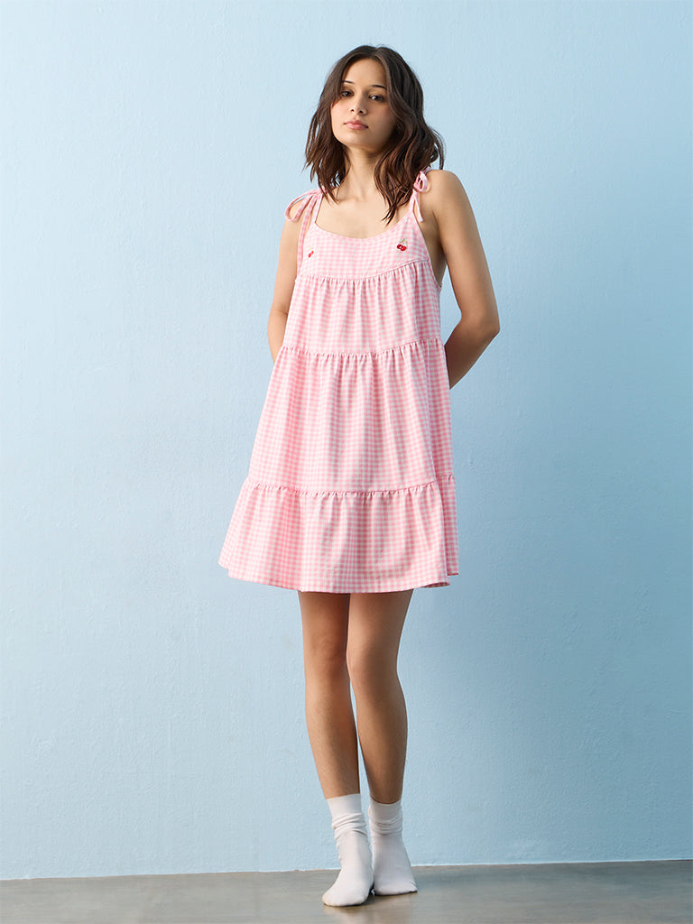 Superstar Pink Gingham Checkered Cotton-Blend Tiered Dress
