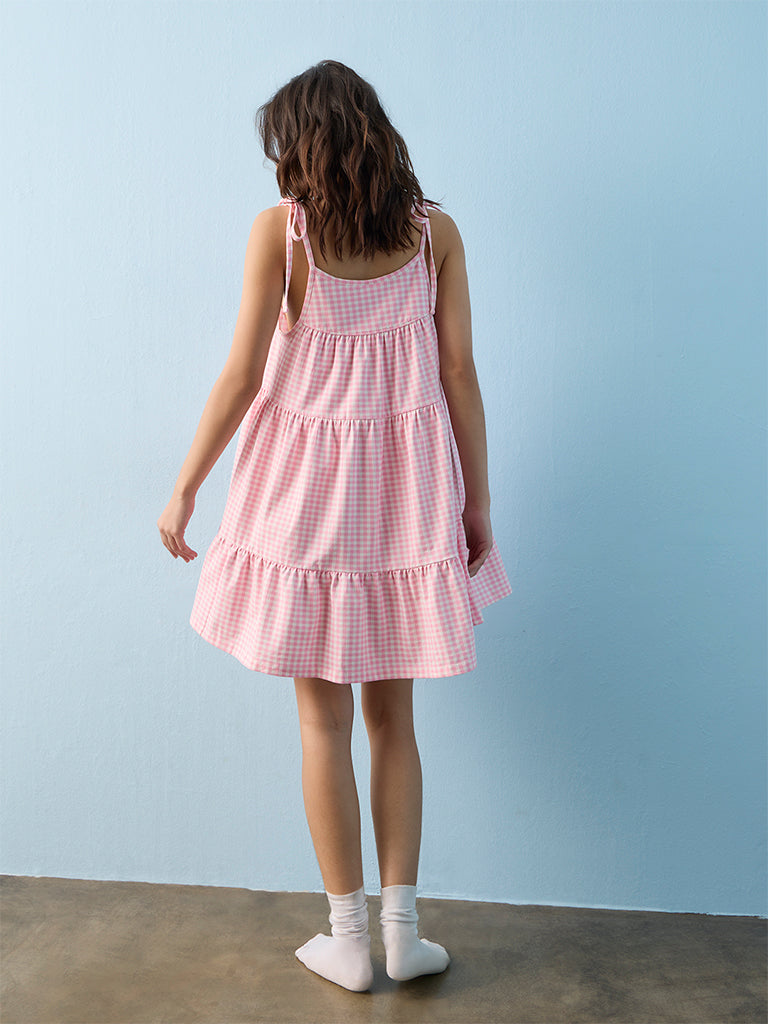Superstar Pink Gingham Checkered Cotton-Blend Tiered Dress