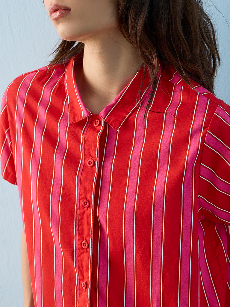 Superstar Swimwear Coral Stripe Pattern Cotton Beach Shirt