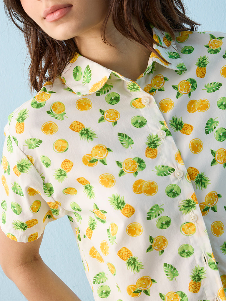 Superstar Swimwear White Fruit Printed Cotton Beach Shirt