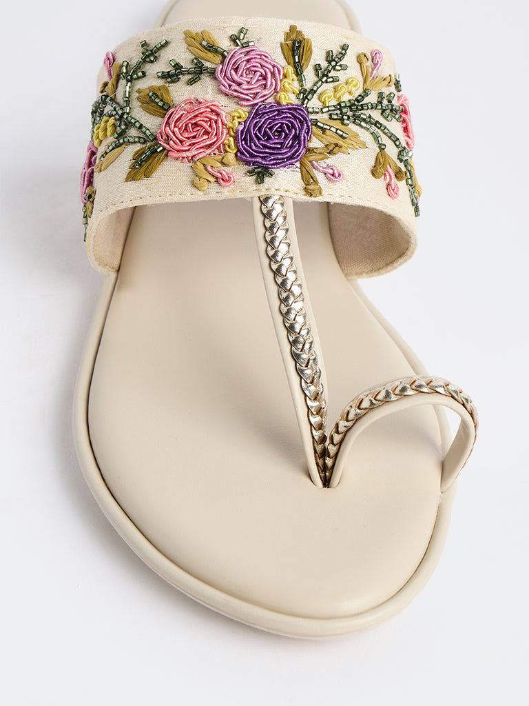 LUNA BLU Multicolour Floral Embroidered Kolhapuri Sandals