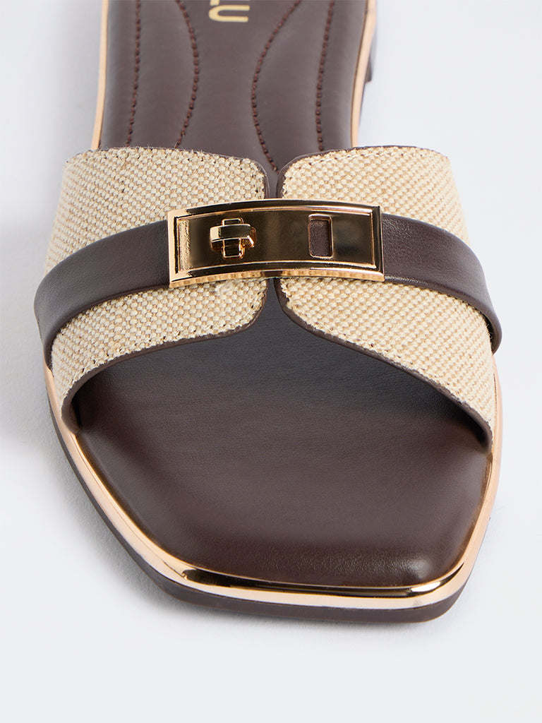 LUNA BLU Dark Brown Raffia Turn-Lock Slides