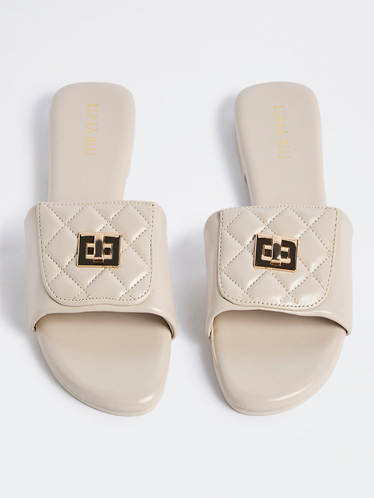 LUNA BLU Ivory Quilted Turn-Lock Slides
