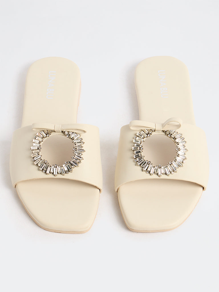 LUNA BLU Ivory Bow-Detail Slides