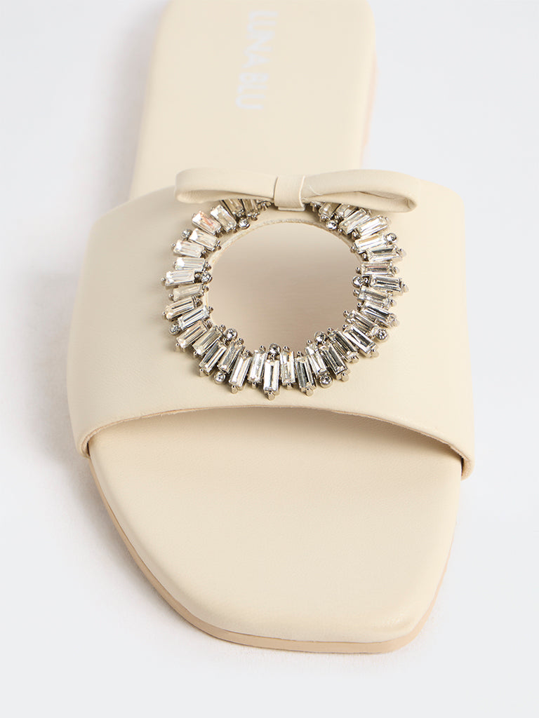 LUNA BLU Ivory Bow-Detail Slides