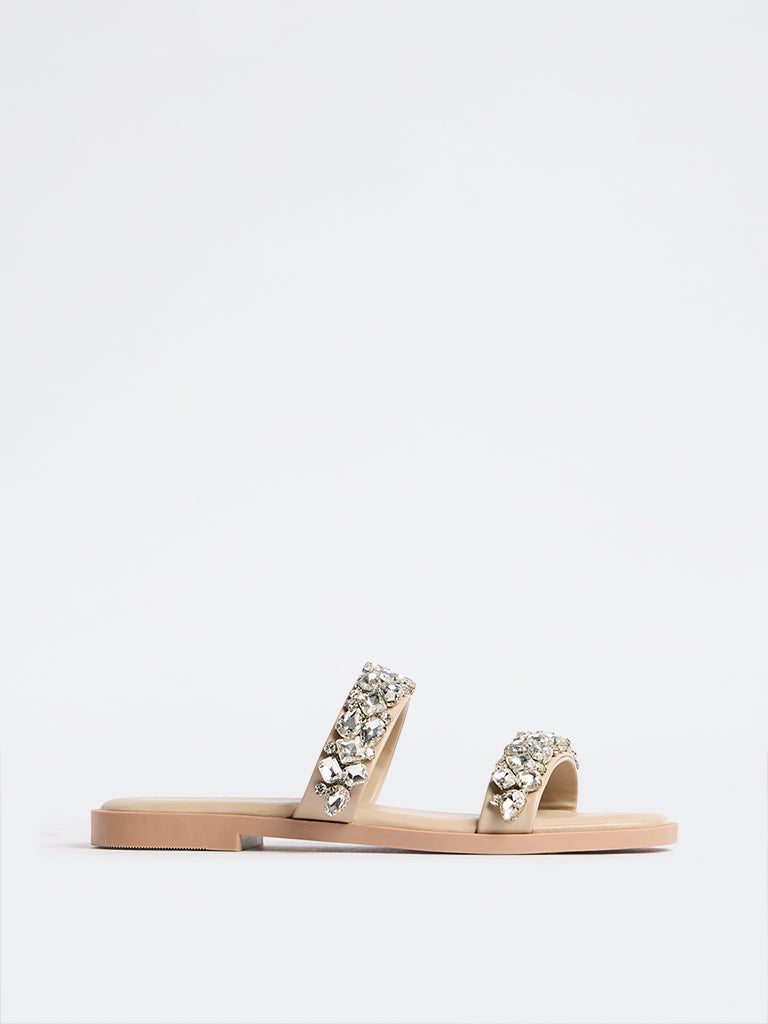 LUNA BLU Beige Embellished Dual-Strap Slides