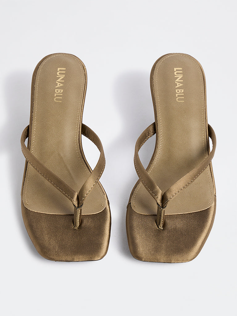 LUNA BLU Olive Satin Thong-Strap Kitten Heel Sandals