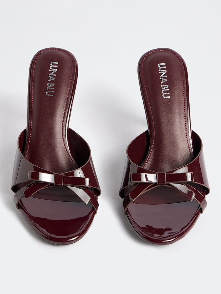LUNA BLU Burgundy Bow-Detail Mule Heel Sandals