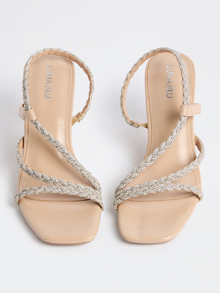 LUNA BLU Beige Rhinestone Embellished Kitten-Heel Sandals