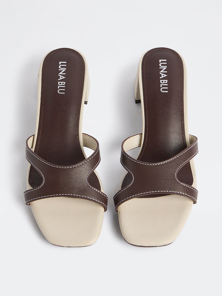 LUNA BLU Brown Cut-Out Strap Block Heel Sandals