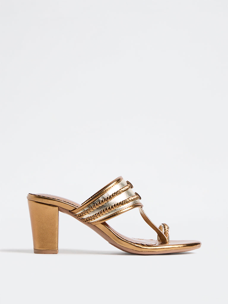 LUNA BLU Copper Braided Kolhapuri Block Heel Sandals