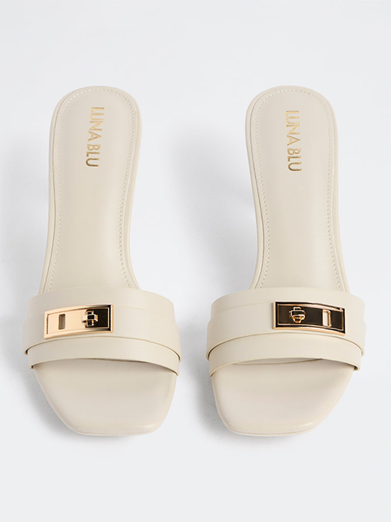 LUNA BLU Ivory Metal-Trim Kitten Heel Sandals