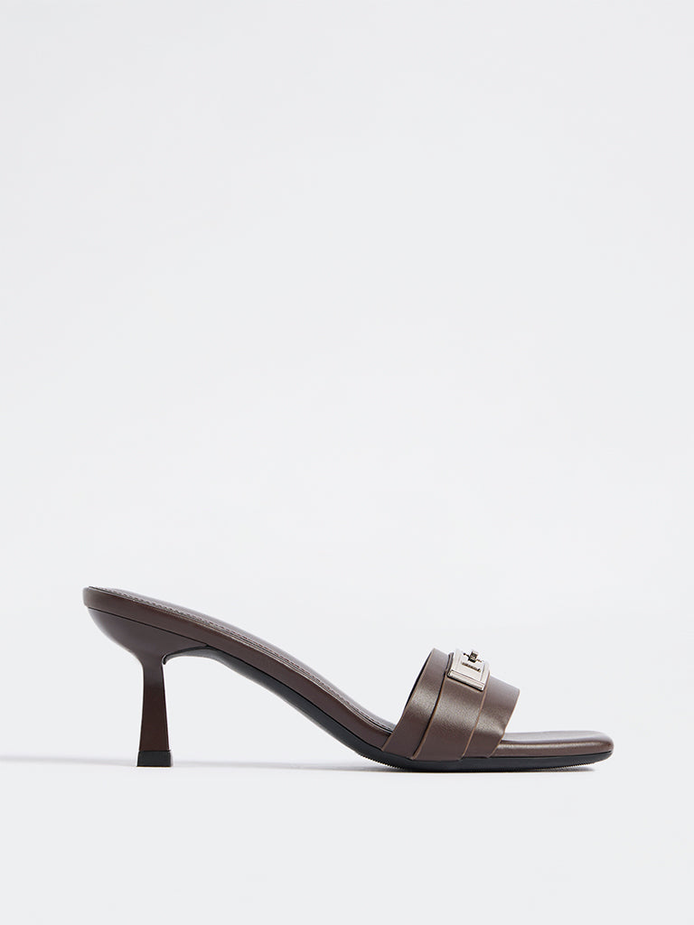 LUNA BLU Dark Brown Metal-Trim Kitten Heel Sandals