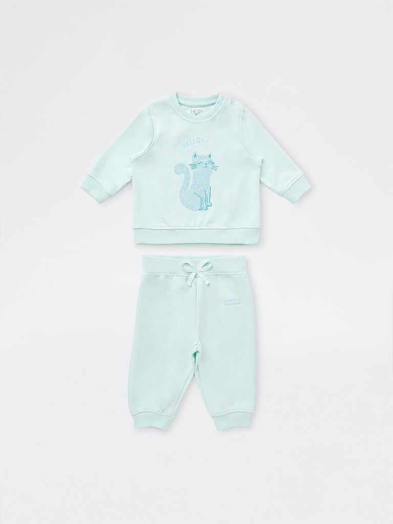 HOP Baby Girls Aqua Cat Embellished Sweatshirt and Pants Set