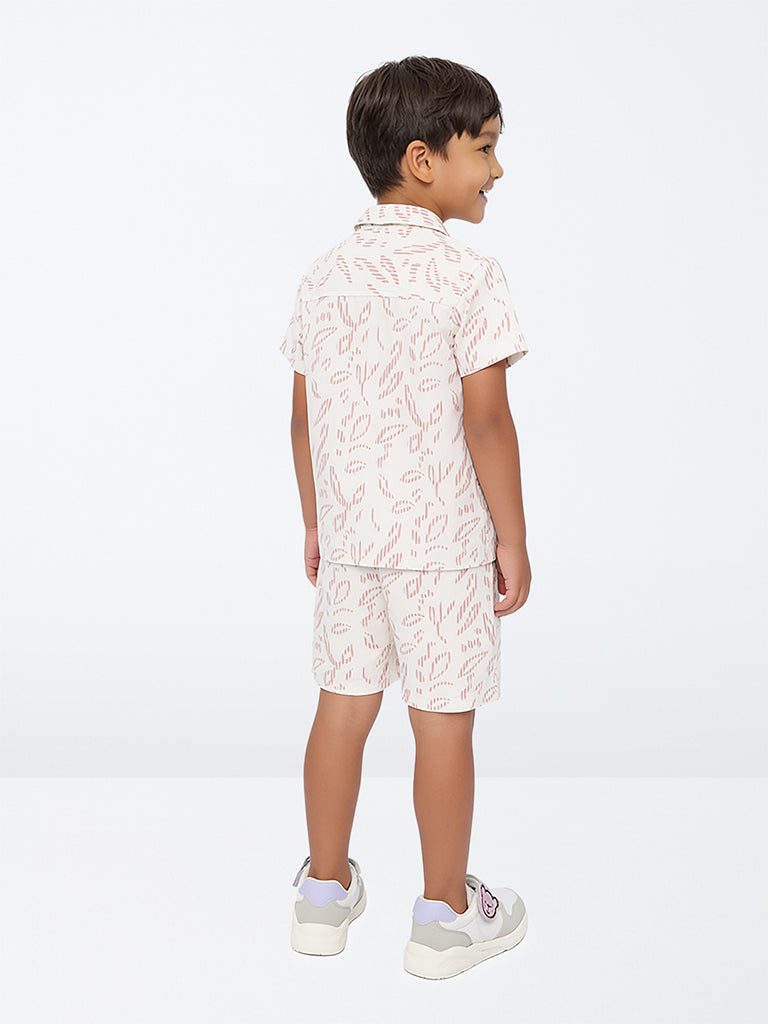 HOP Kids Boys Off-White Botanical Pattern Cotton Shirt and Shorts Set