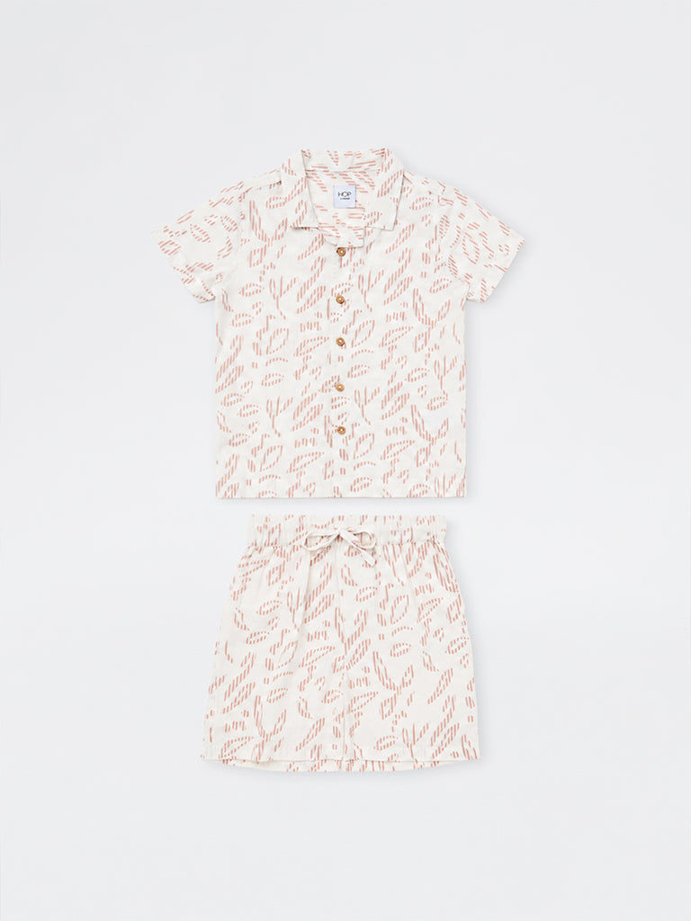 HOP Kids Boys Off-White Botanical Pattern Cotton Shirt and Shorts Set