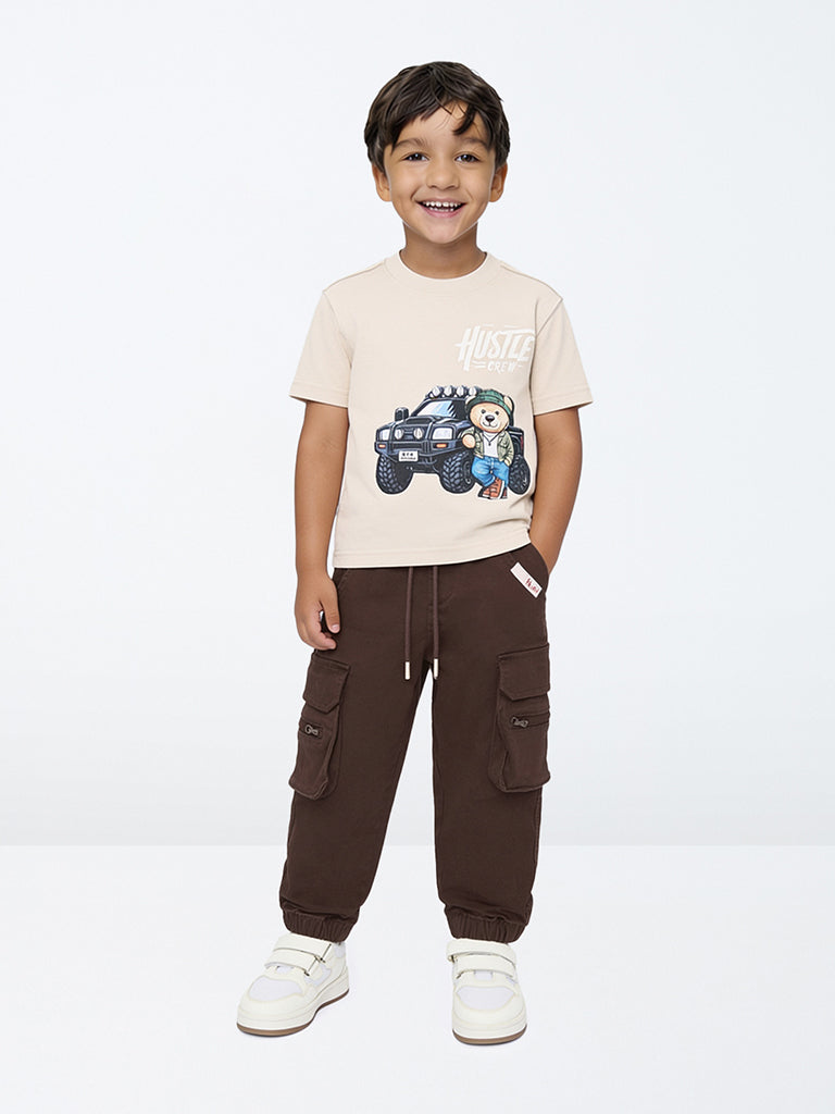 HOP Kids Boys Dark Brown Cargo-Style Mid-Rise Denim Joggers