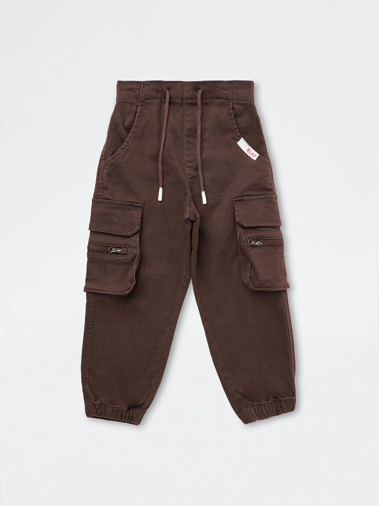 HOP Kids Boys Dark Brown Cargo-Style Mid-Rise Denim Joggers