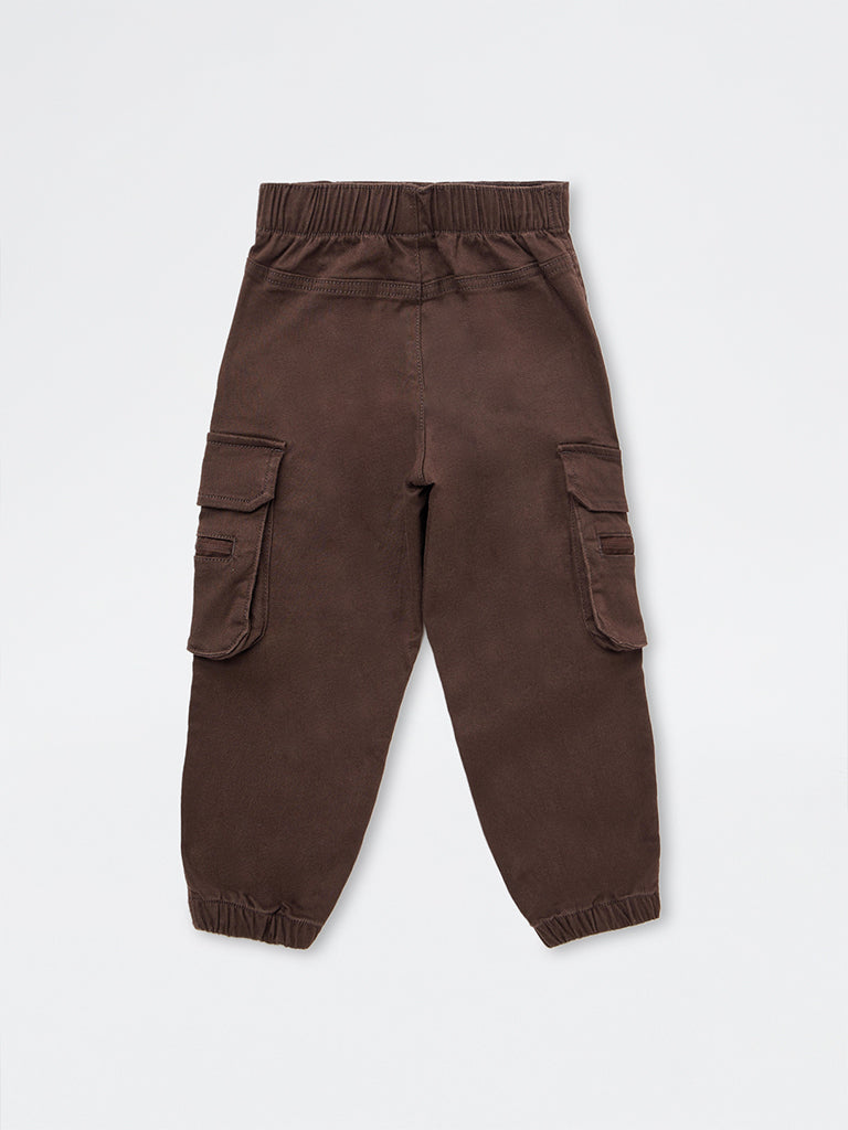 HOP Kids Boys Dark Brown Cargo-Style Mid-Rise Denim Joggers
