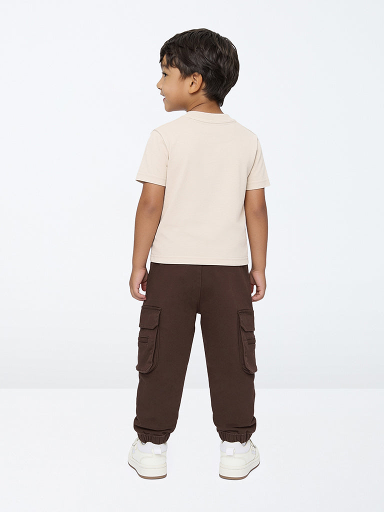 HOP Kids Boys Dark Brown Cargo-Style Mid-Rise Denim Joggers